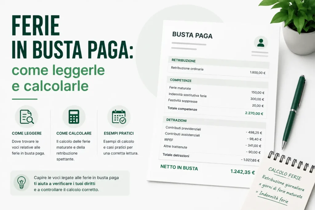 Infografica che spiega come leggere e calcolare le ferie in busta paga con esempio di cedolino, ferie maturate e calcolo dell'indennità.